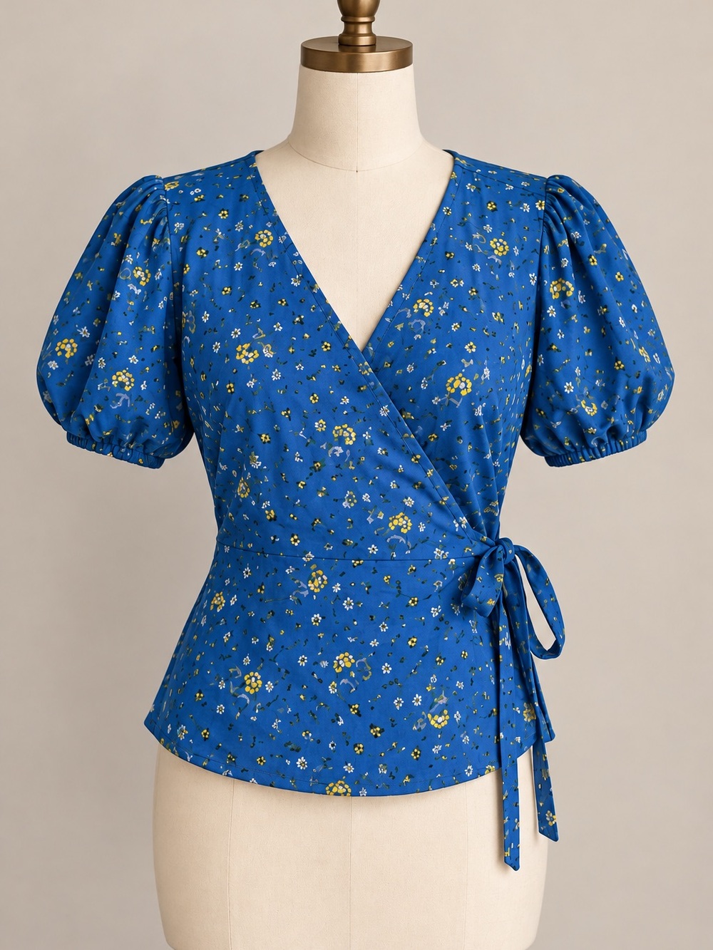 Blue Floral Wrap Puff-Sleeve Top